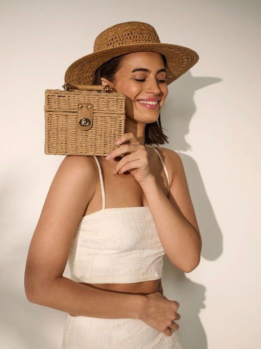 Fawn Rattan Box Crossbody Bag in Tan