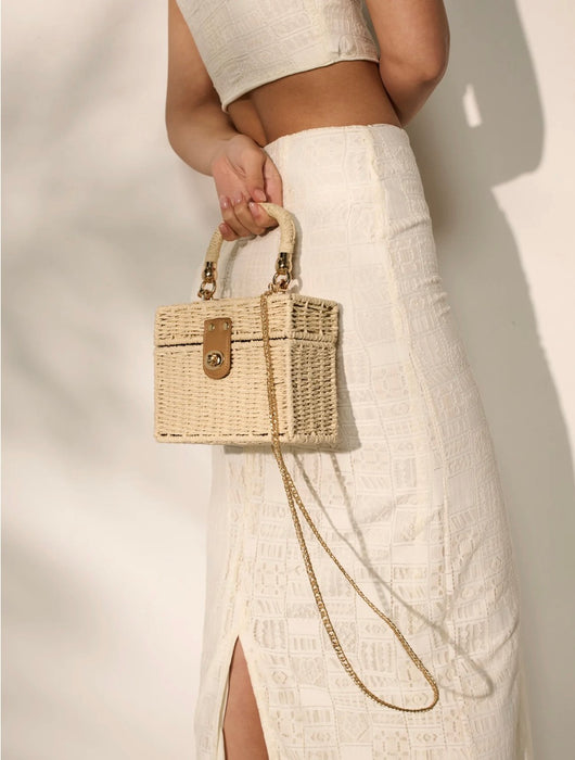 Fawn Rattan Box Crossbody Bag in Beige