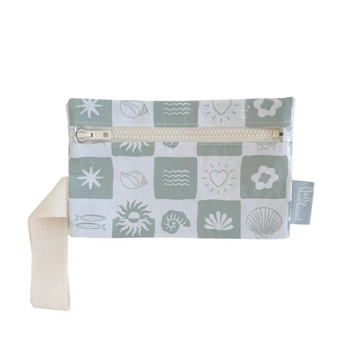 Neutral Check Sage Green Beach Pouch with Handle