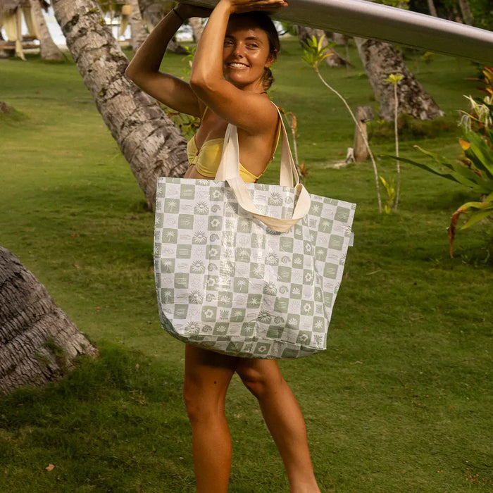 Neutral Check Sage Green Weekender Tote Bag with Pocket