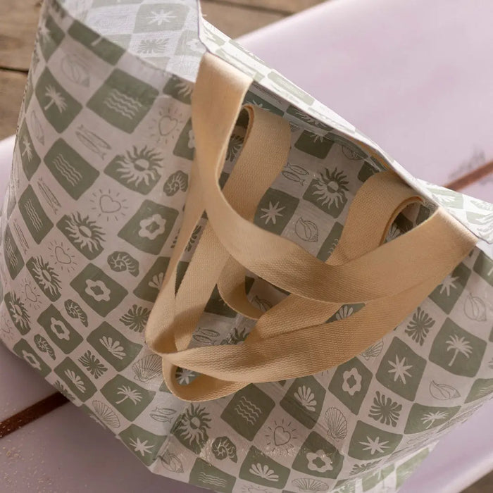 Neutral Check Sage Green Weekender Tote Bag with Pocket