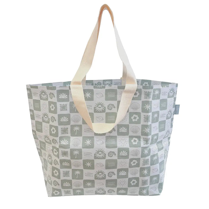 Neutral Check Sage Green Weekender Tote Bag with Pocket