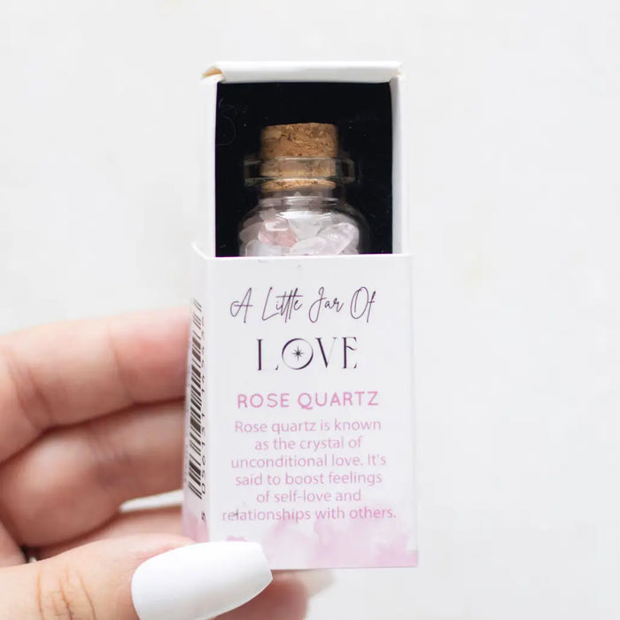 Jar of Love Rose Quartz Crystals on a Matchbox