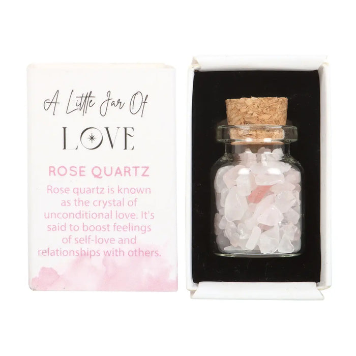 Jar of Love Rose Quartz Crystals on a Matchbox